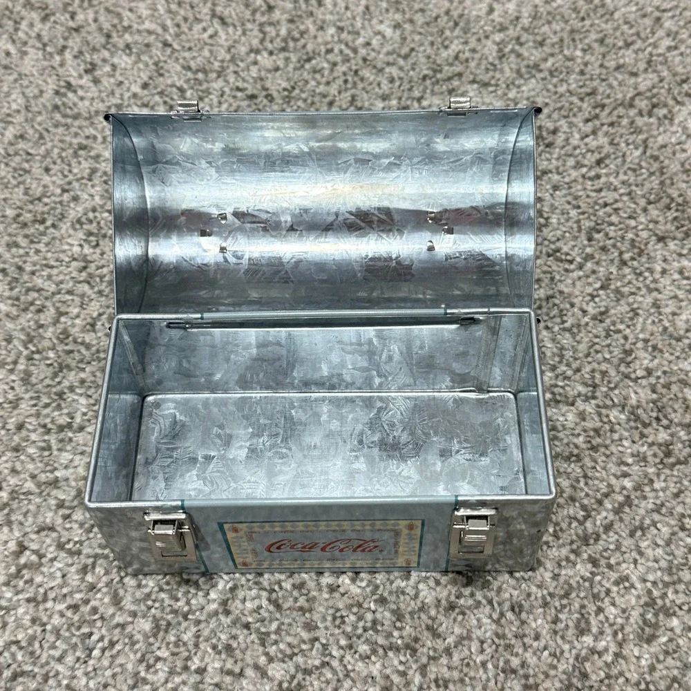 Coca-Cola Workbox Tin Dome Lunch Box Style Storage Blue Galvanized Metal 6x5x3in